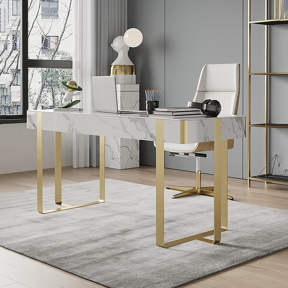 1200mm Glossy White Modern Office Study Writing Desk with Gold Sled Base window image