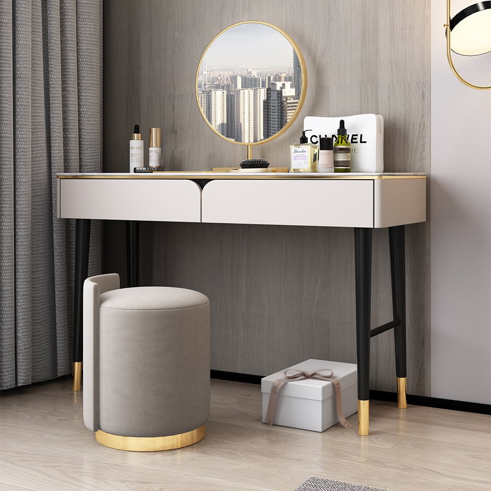 Modern Bedroom Makeup Vanity Set in White & Gold with Mirror & Stool window image