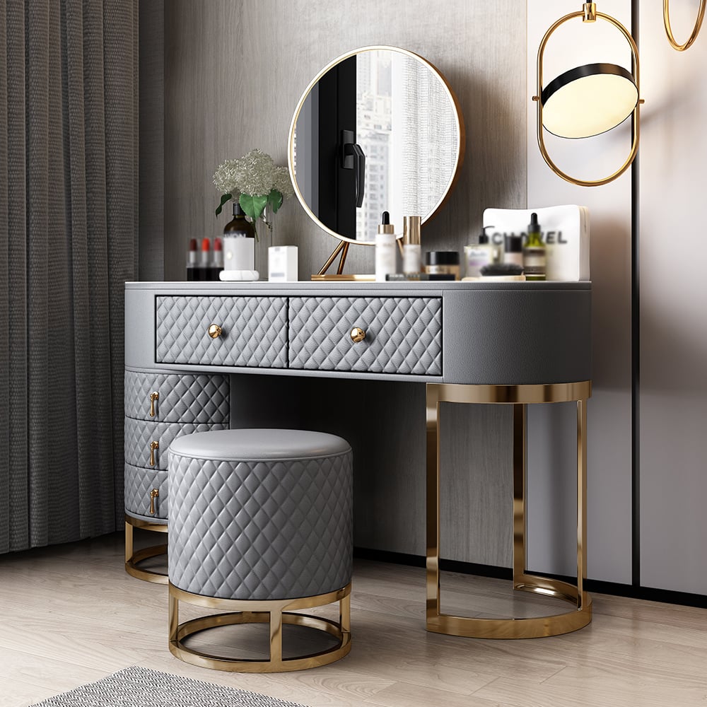 Gray Makeup Vanity Set Faux Leather Upholstered with Mirror Stool & 5 Drawers window image