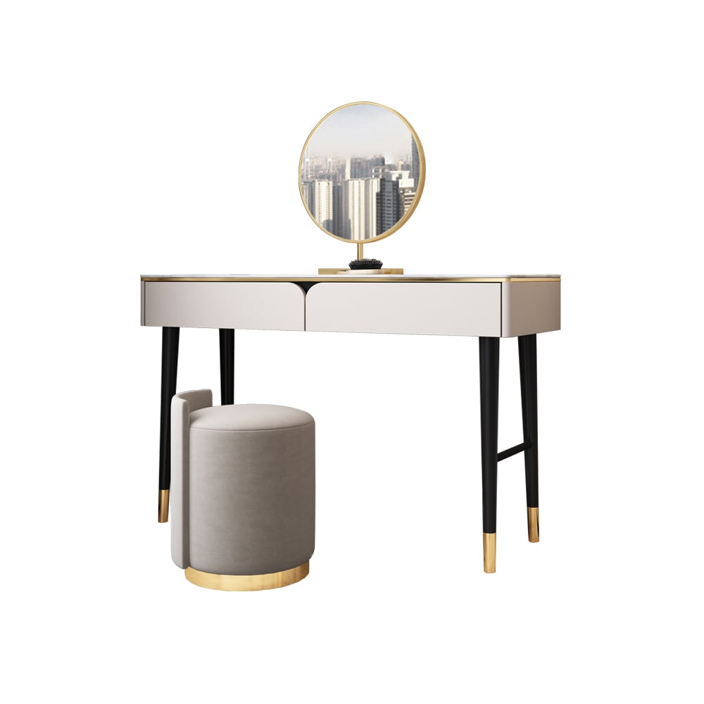 Modern Bedroom Makeup Vanity Set in White & Gold with Mirror & Stool window image