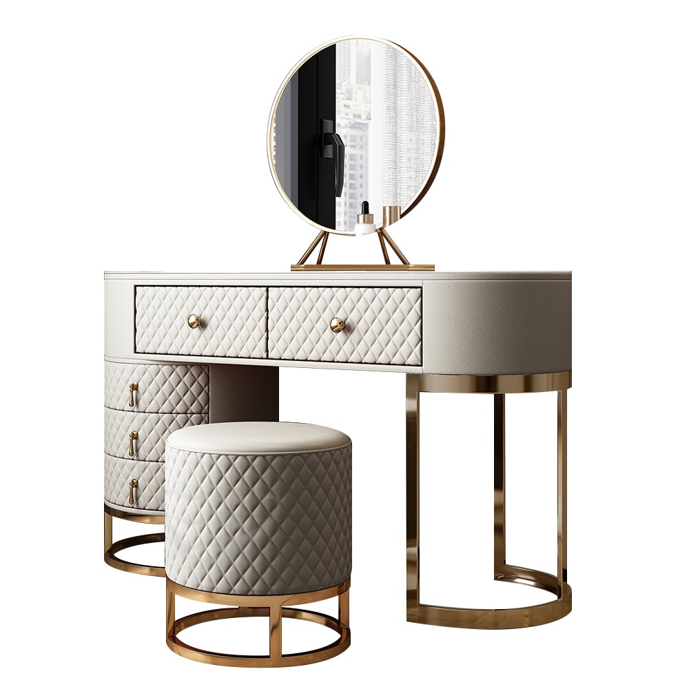 Off White Makeup Vanity Set Faux Leather Upholstered with Mirror & Stool window image