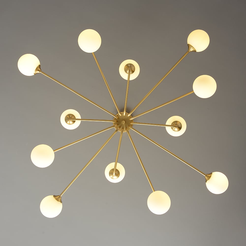 Lustre Suspension Style Spoutnik Années 50 - 13 Lumières - Abat-jour Verre Laiteux - Structure Laiton Doré - Pour Salle à Manger, Cuisine îlot