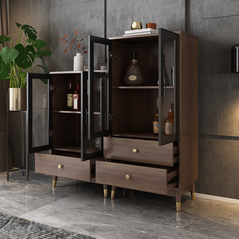 Modern Rectangle Walnut Display Cabinet with 2 Shelves & 2 Doors & 1 Drawer window image
