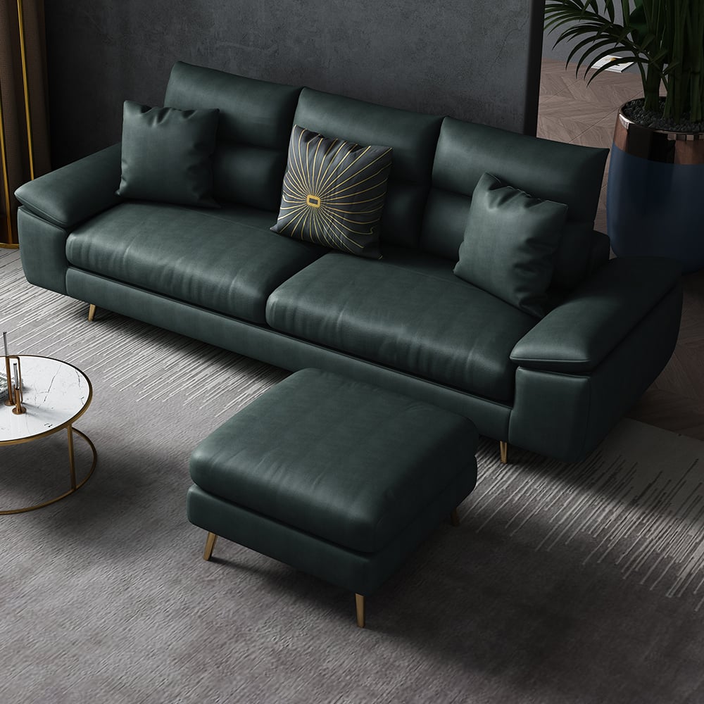 2-częściowa nowoczesna standardowa sofa segmentowa Leath-Aire w kolorze zielonym z kwadratowym stołkiem obraz okna