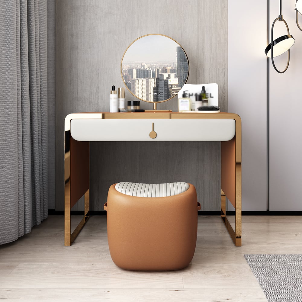 Modern Orange Makeup Vanity Set Faux Leather Upholstered with Mirror & Stool window image