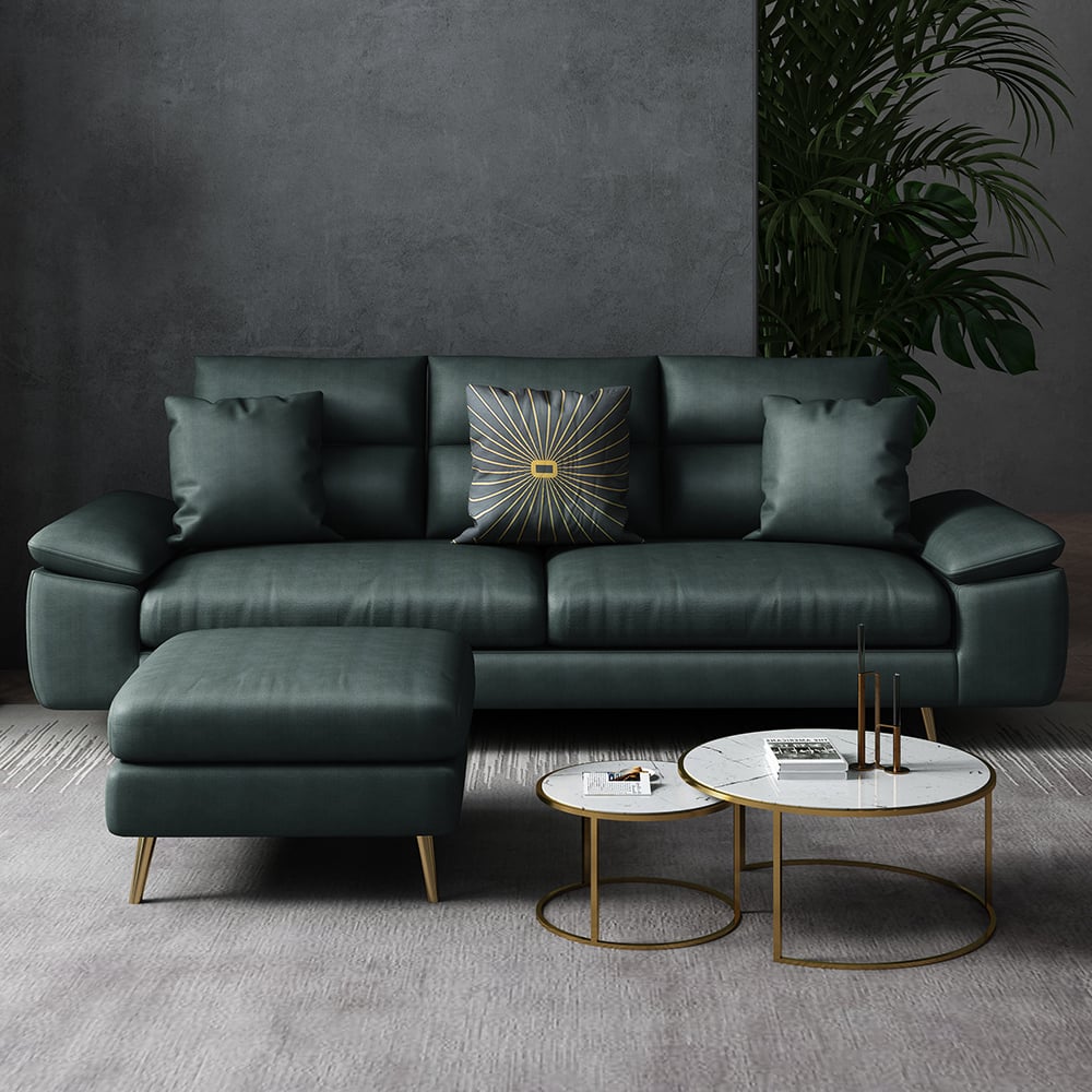 2-częściowa nowoczesna standardowa sofa segmentowa Leath-Aire w kolorze zielonym z kwadratowym stołkiem obraz okna