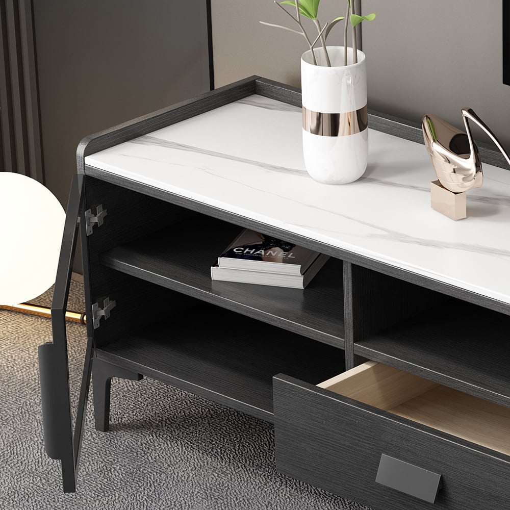 Modern TV Stand & Coffee Table Set of 2 in White & Black for 85" TV with Sintered Stone window image