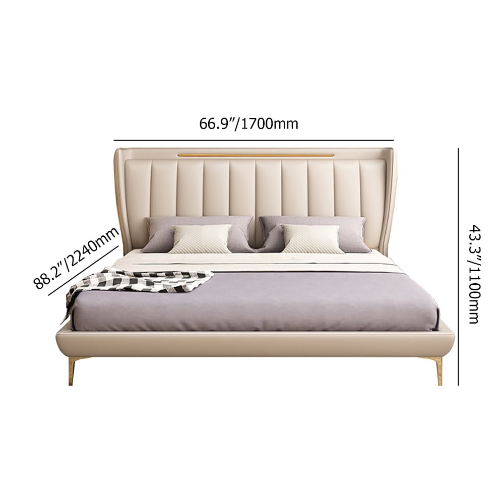 Cadre de lit à plateforme en cuir beige avec tête de lit rembourrée Poids, dimensions, image