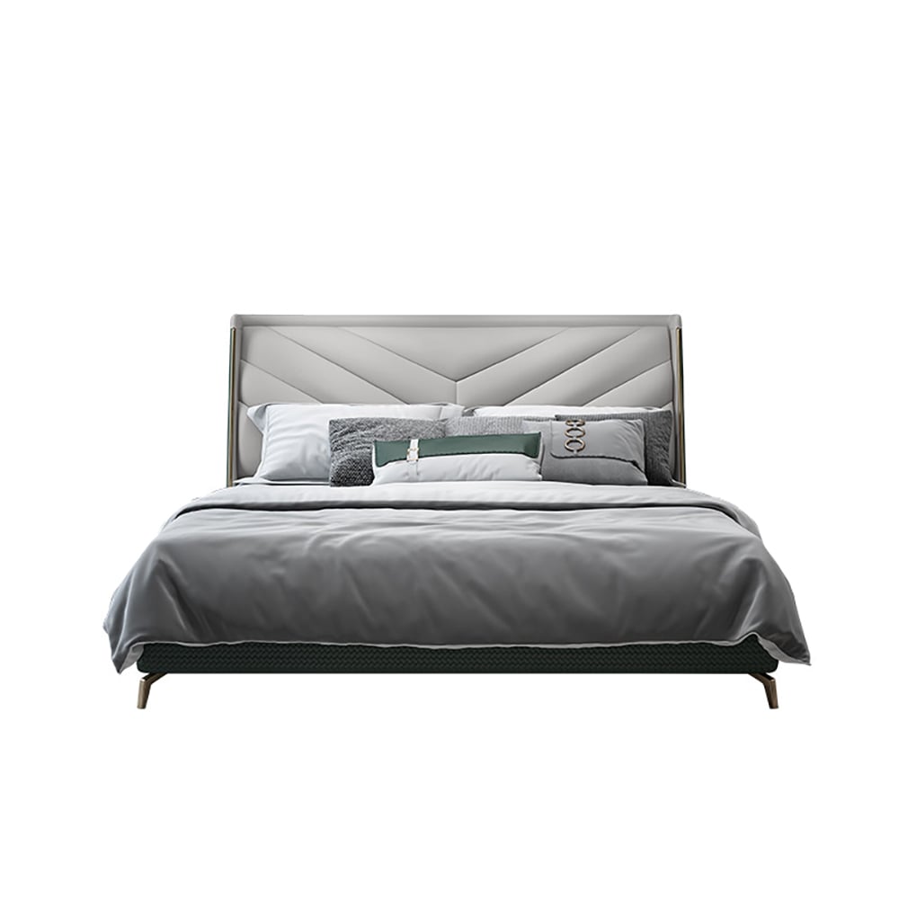 Cadre de lit à plateforme en cuir beige avec tête de lit rembourrée image de fenêtre