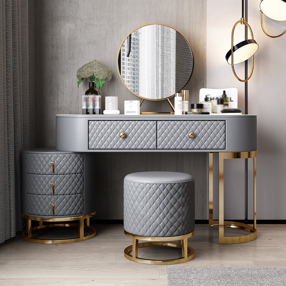 Gray Makeup Vanity Set Faux Leather Upholstered with Mirror Stool & 5 Drawers window image