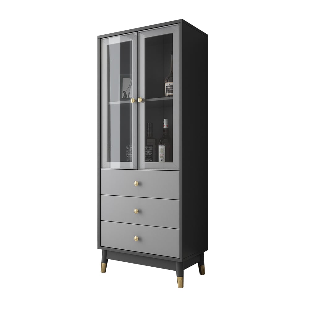 Vitrine moderne rectangulaire grise avec 2 étagères, 2 portes et 3 tiroirs image de fenêtre