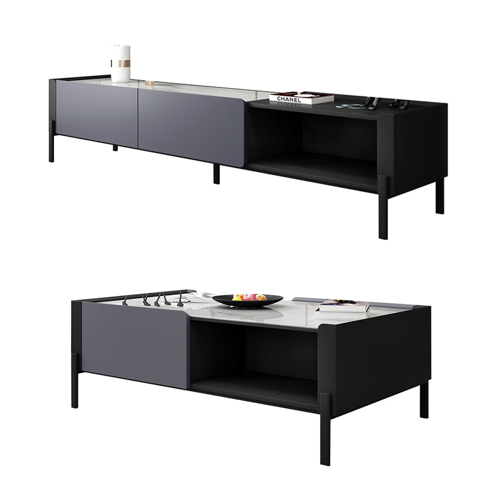 2 Pieces Modern Gray TV Stand & Coffee Table Set for 85" TV Sintered Stone with Drawers window image