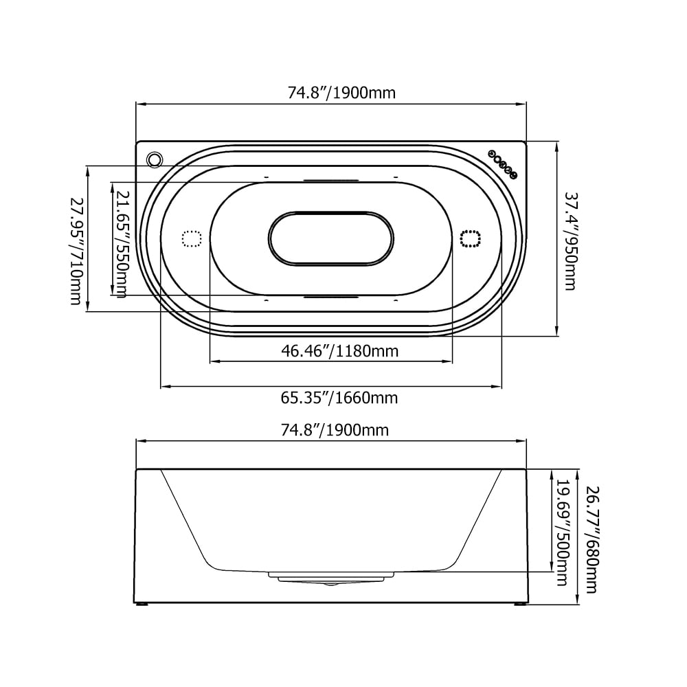 Tablier ovale de massage à l'eau tourbillon LED 1900 mm à 3 côtés en pierre de bain en résine blanche Poids, dimensions, image