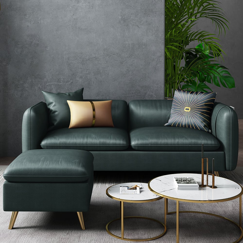 Canapé sectionnel rectangulaire moderne en cuir vert 2 pièces avec tabouret image de fenêtre