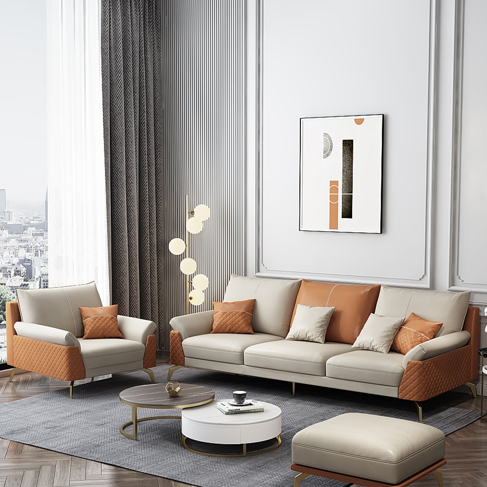 Ensemble de salon moderne Orange Leath-Aire de 3 canapés et causeuse inclus image de fenêtre