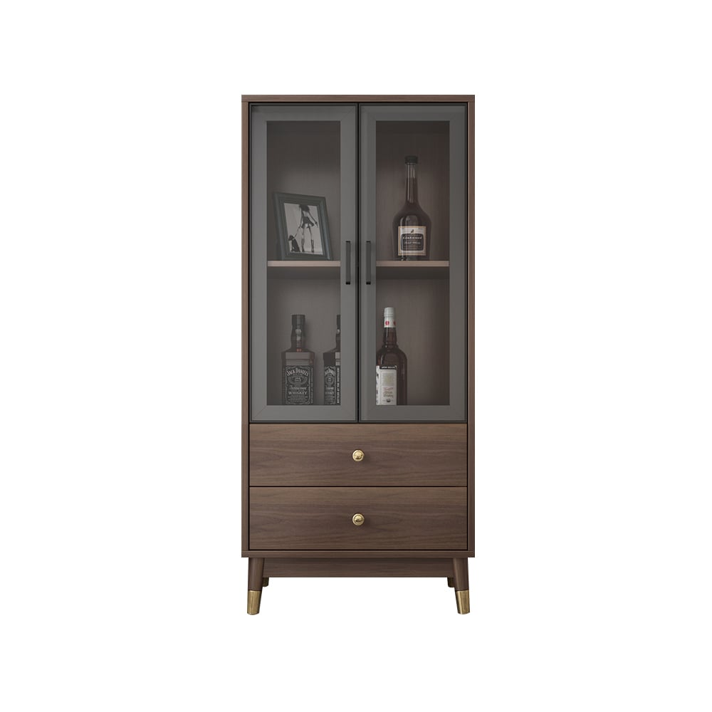 Modern Rectangle Walnut Display Cabinet with 2 Shelves & 2 Doors & 2 Drawers window image