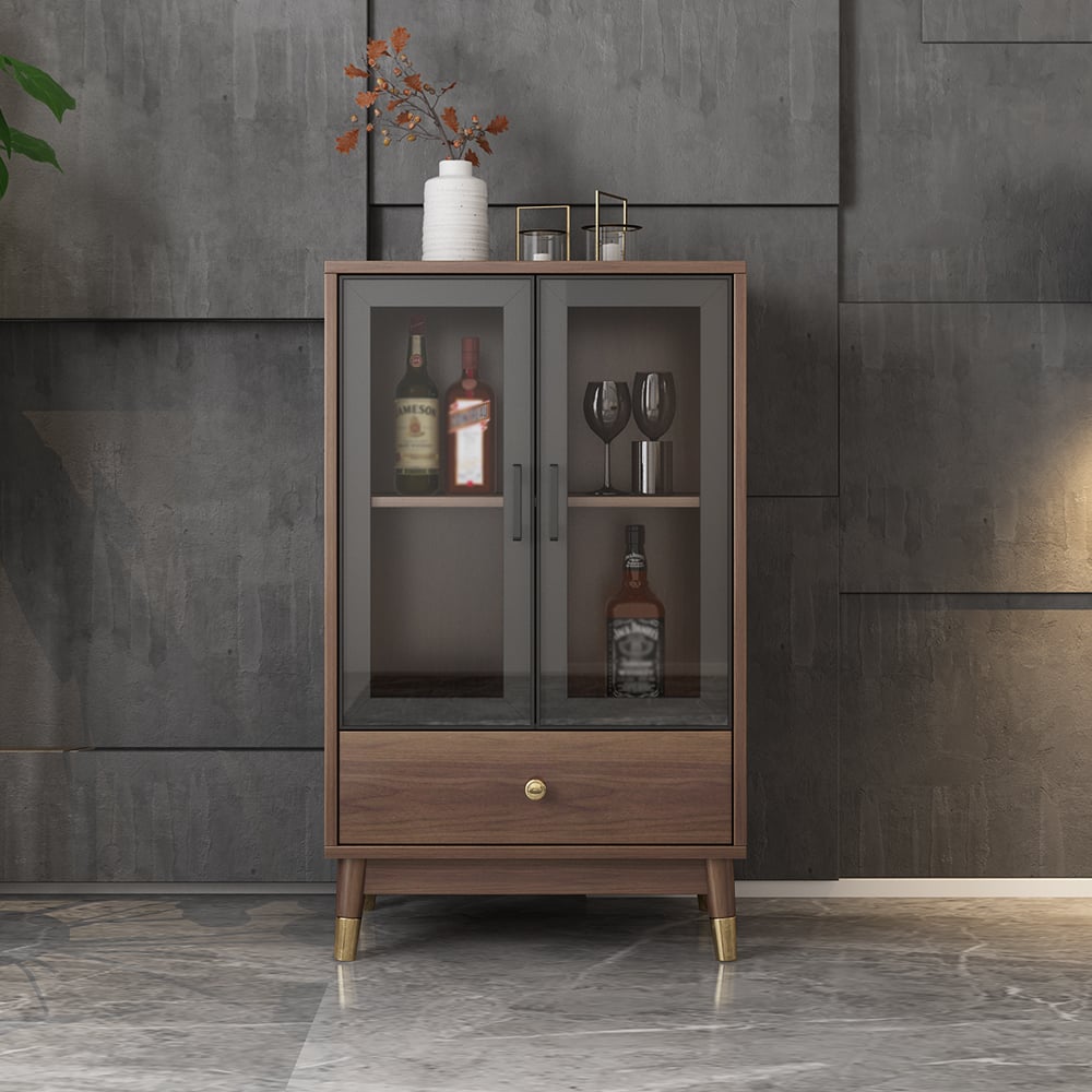 Modern Rectangle Walnut Display Cabinet with 2 Shelves & 2 Doors & 1 Drawer window image