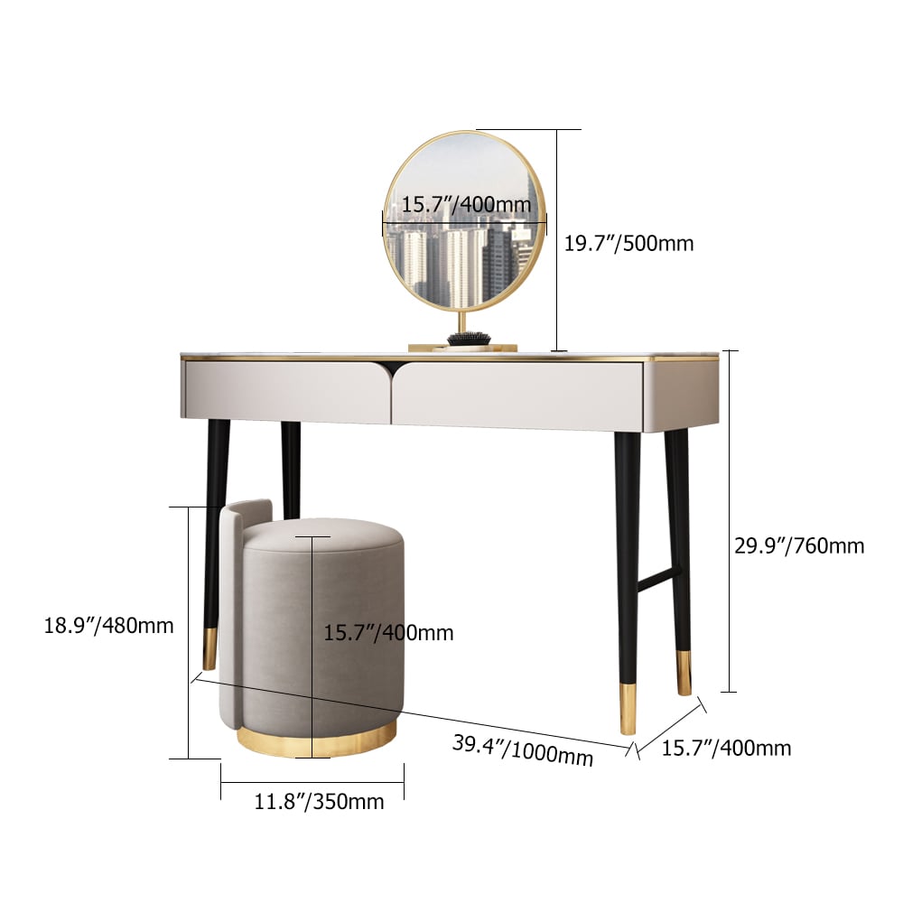 Modern Bedroom Makeup Vanity Set in White & Gold with Mirror & Stool weights dimensions image