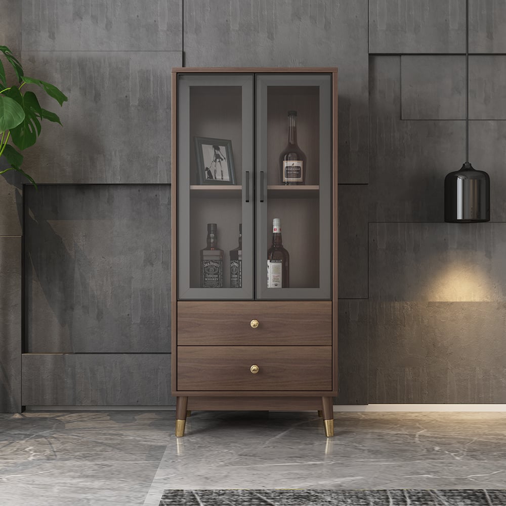 Modern Rectangle Walnut Display Cabinet with 2 Shelves & 2 Doors & 2 Drawers window image