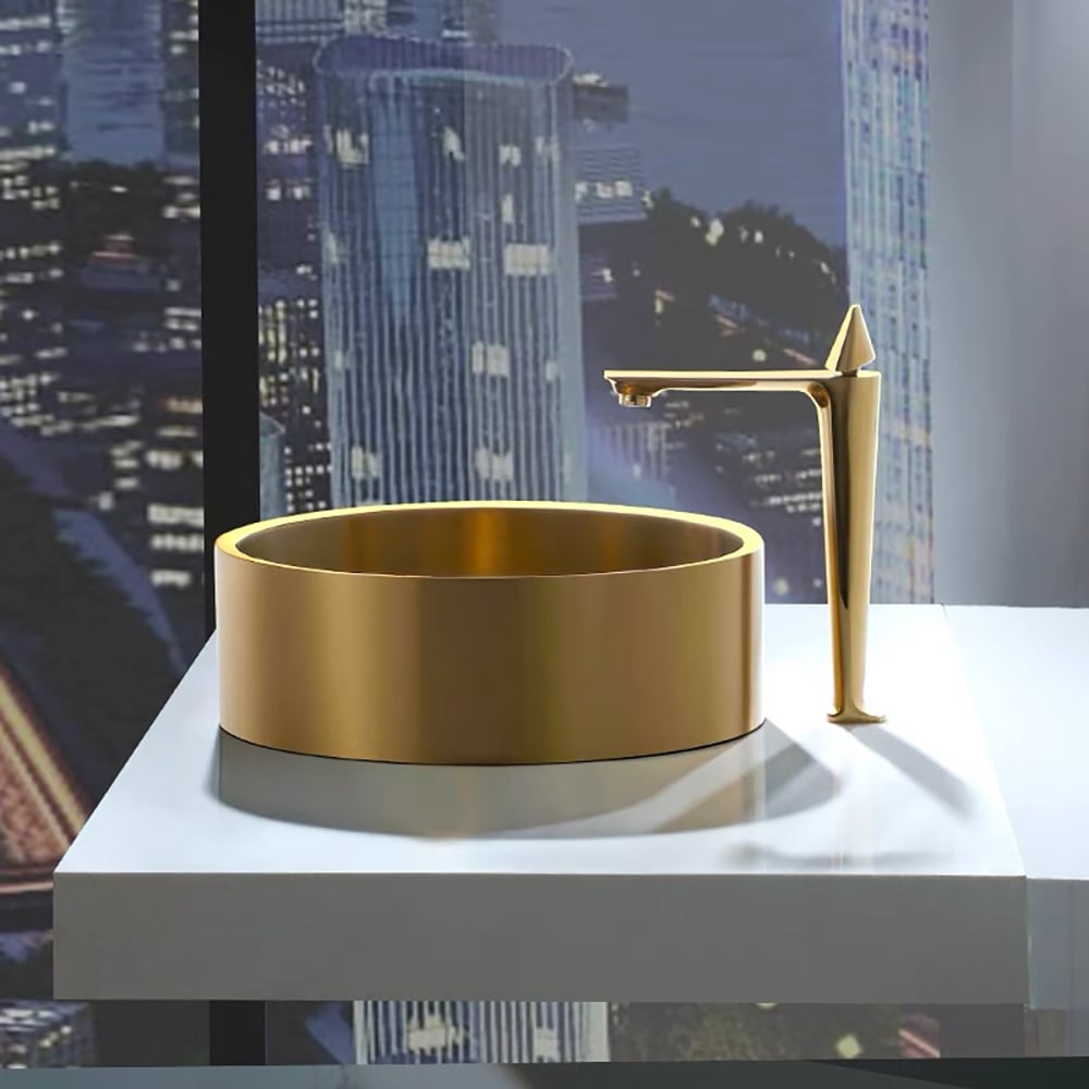 Bassin de comptoir en acier inoxydable rond en or contemporain Lavabo de luxe image de fenêtre