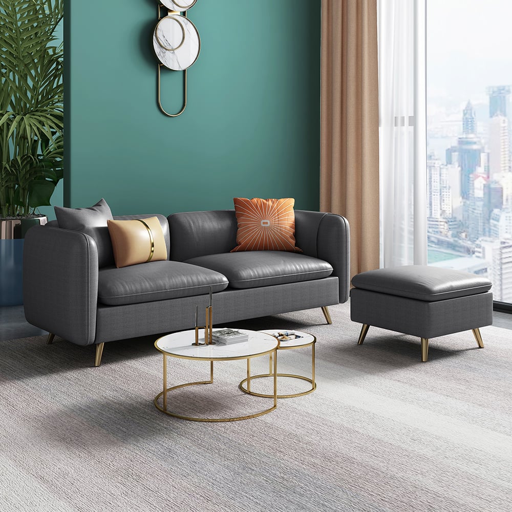 Sofá secional retangular moderno cinza Leath-Aire de 2 peças com banquinho Imagem da janela