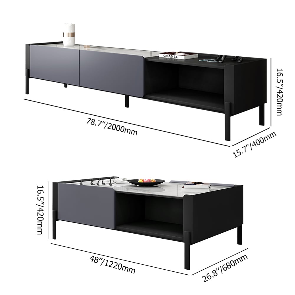 2 Pieces Modern Gray TV Stand & Coffee Table Set for 85" TV Sintered Stone with Drawers weights dimensions image