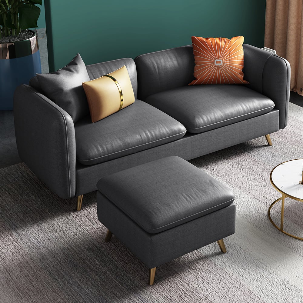 Sofá secional retangular moderno cinza Leath-Aire de 2 peças com banquinho Imagem da janela