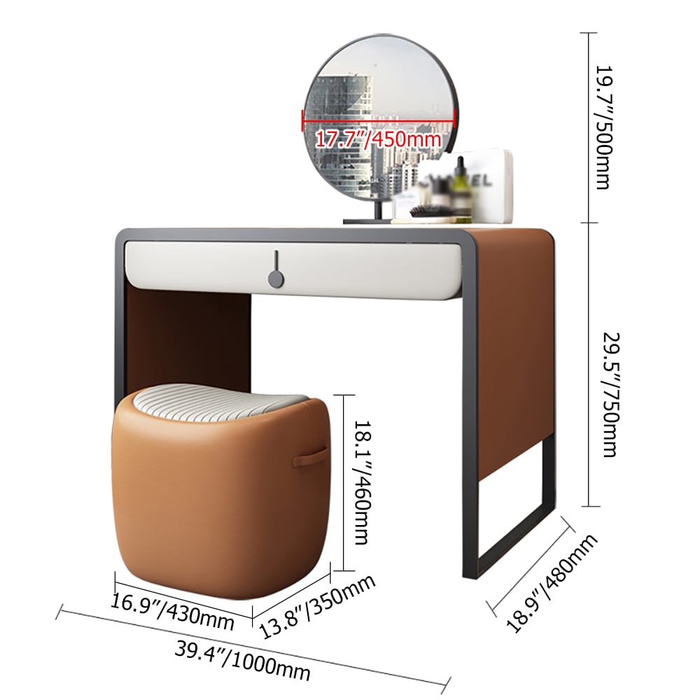 Modern Orange Makeup Vanity Set Faux Leather Upholstered with Mirror & Stool weights dimensions image