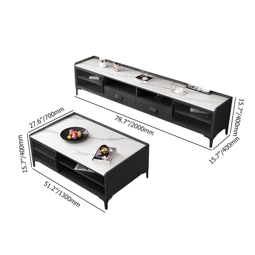 Modern TV Stand & Coffee Table Set of 2 in White & Black for 85" TV with Sintered Stone weights dimensions image