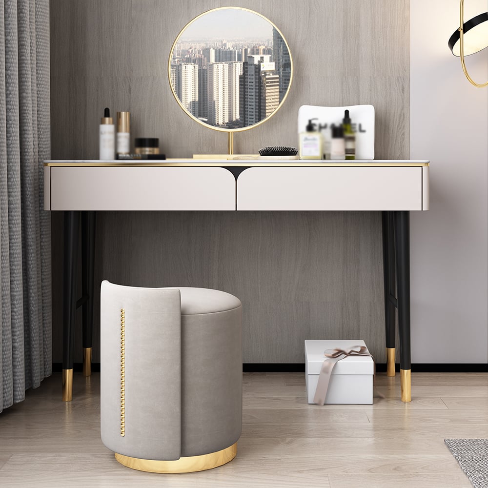 Modern Bedroom Makeup Vanity Set in White & Gold with Mirror & Stool window image