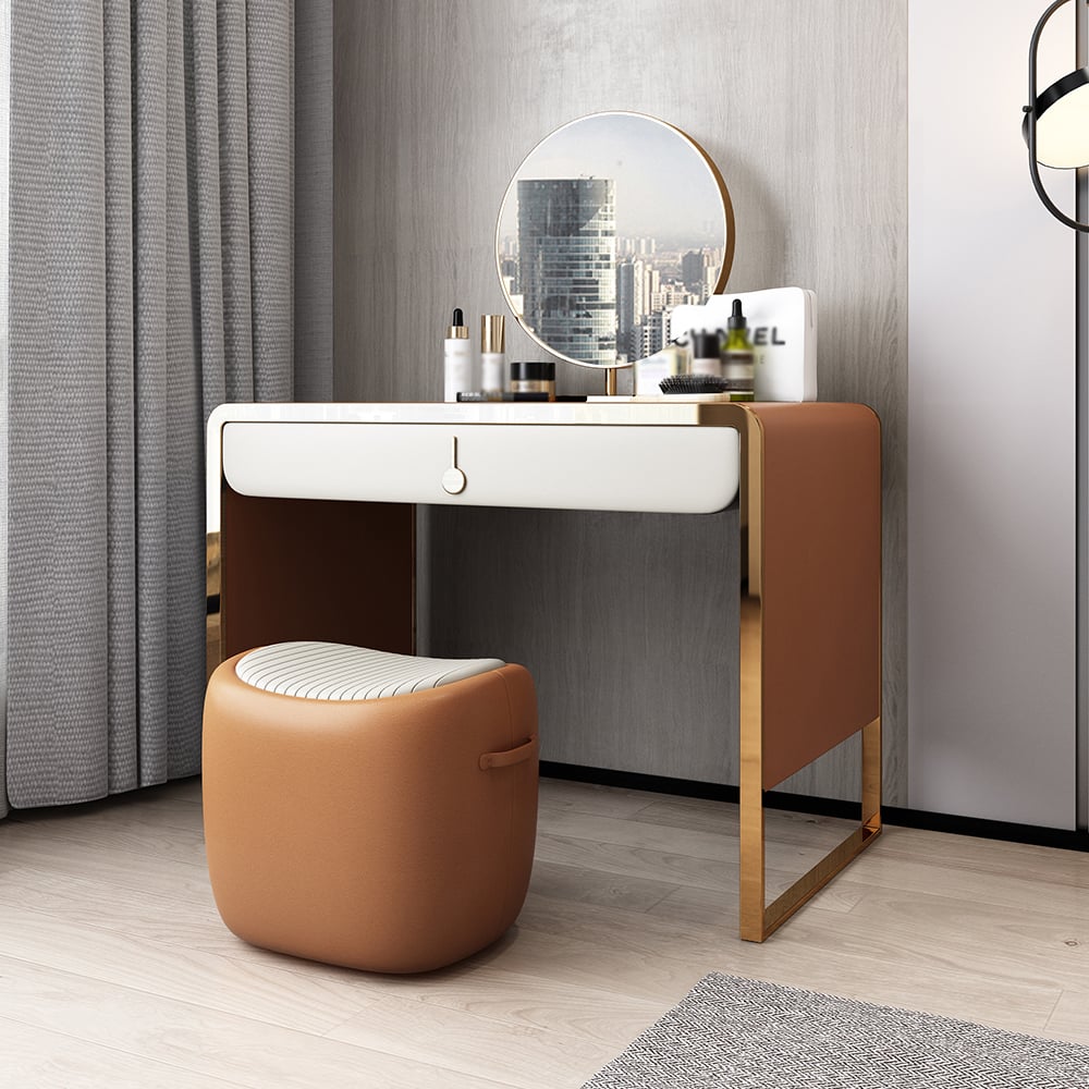 Modern Orange Makeup Vanity Set Faux Leather Upholstered with Mirror & Stool window image