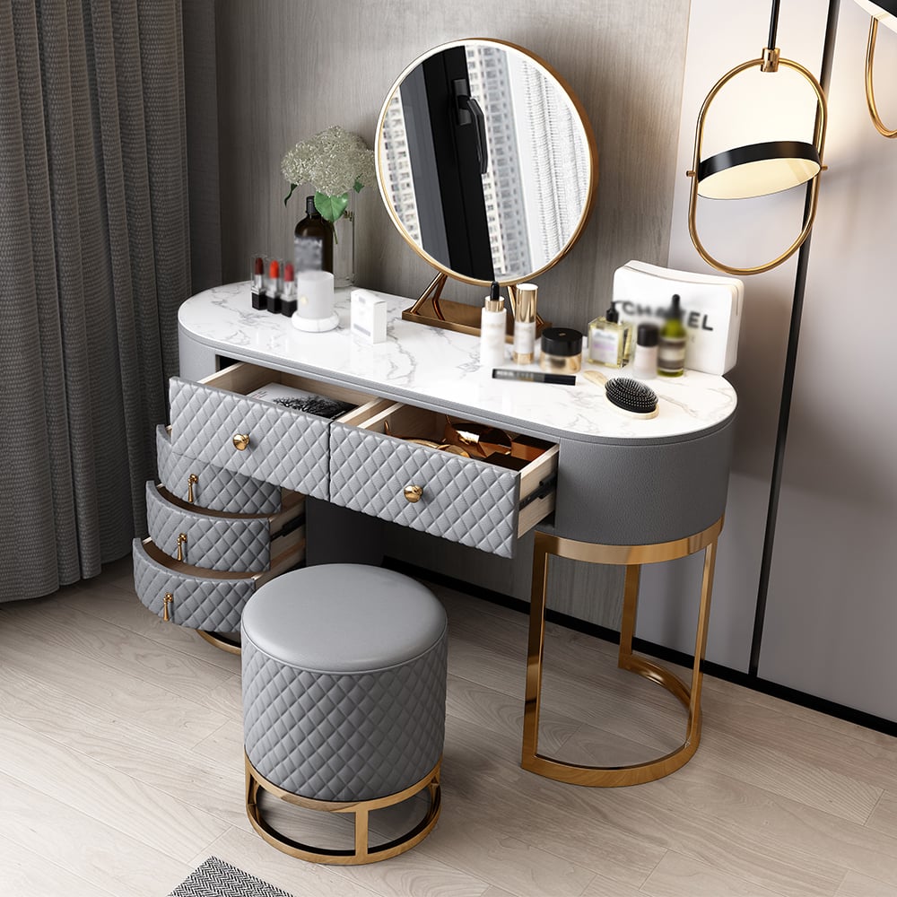 Gray Makeup Vanity Set Faux Leather Upholstered with Mirror Stool & 5 Drawers window image
