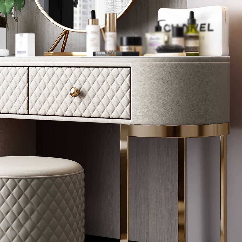Off White Makeup Vanity Set Faux Leather Upholstered with Mirror & Stool window image