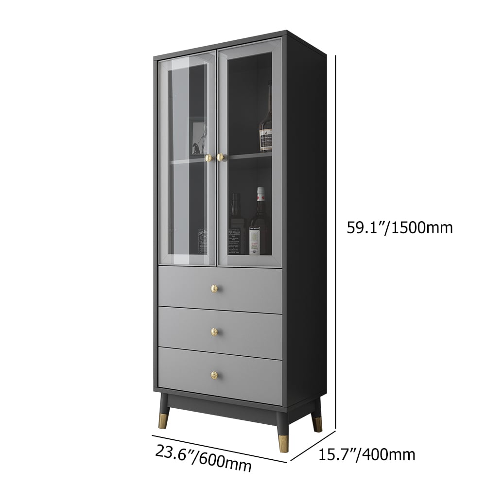 Vitrine moderne rectangulaire grise avec 2 étagères, 2 portes et 3 tiroirs Poids, dimensions, image