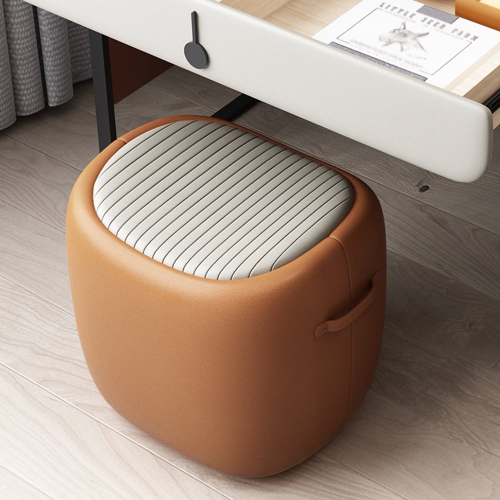 Modern Orange Makeup Vanity Set Faux Leather Upholstered with Mirror & Stool window image