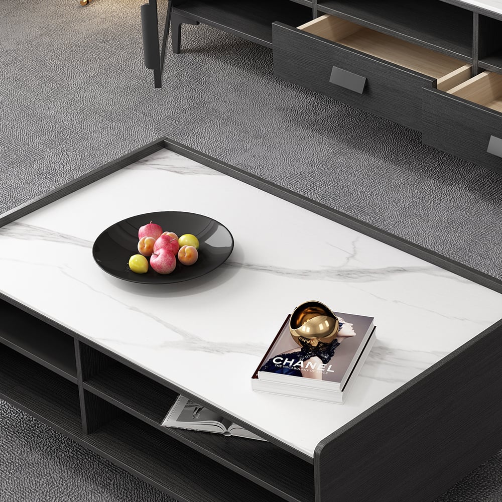 Modern TV Stand & Coffee Table Set of 2 in White & Black for 85" TV with Sintered Stone window image