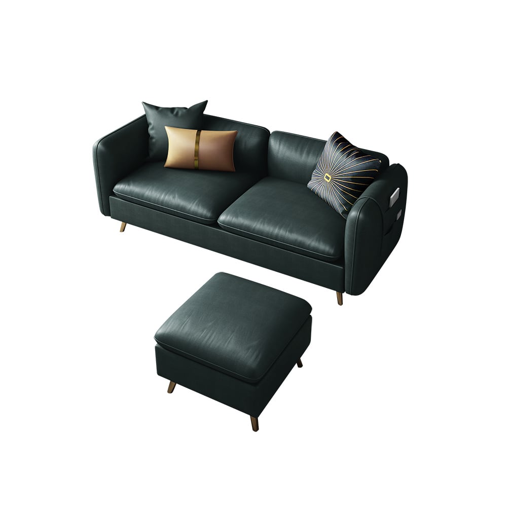 Canapé sectionnel rectangulaire moderne en cuir vert 2 pièces avec tabouret image de fenêtre