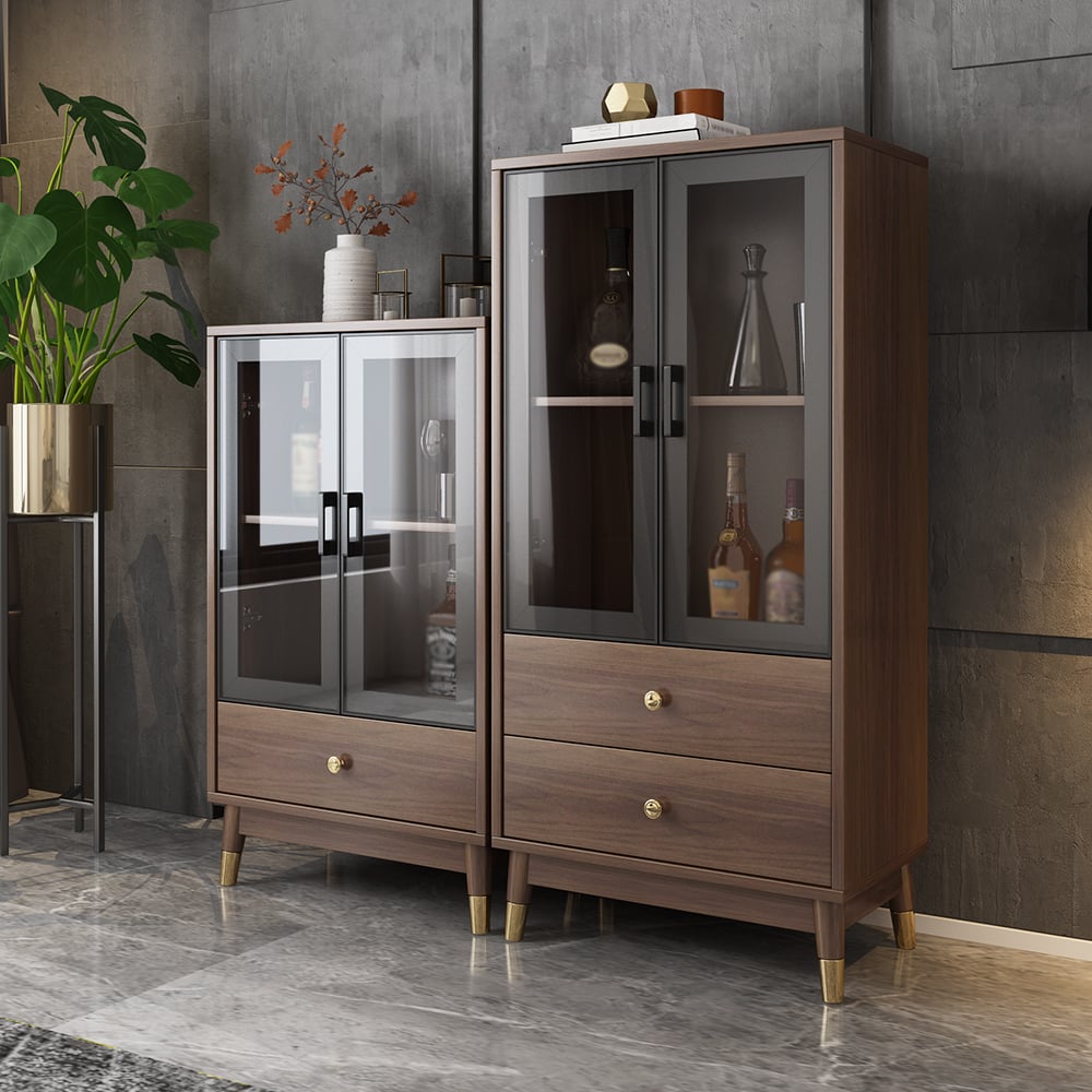 Modern Rectangle Walnut Display Cabinet with 2 Shelves & 2 Doors & 2 Drawers window image