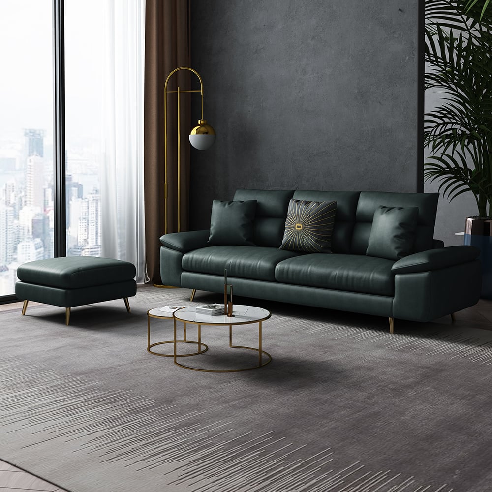 2-częściowa nowoczesna standardowa sofa segmentowa Leath-Aire w kolorze zielonym z kwadratowym stołkiem obraz okna