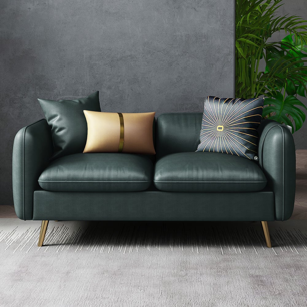 Canapé sectionnel rectangulaire moderne en cuir vert 2 pièces avec tabouret image de fenêtre