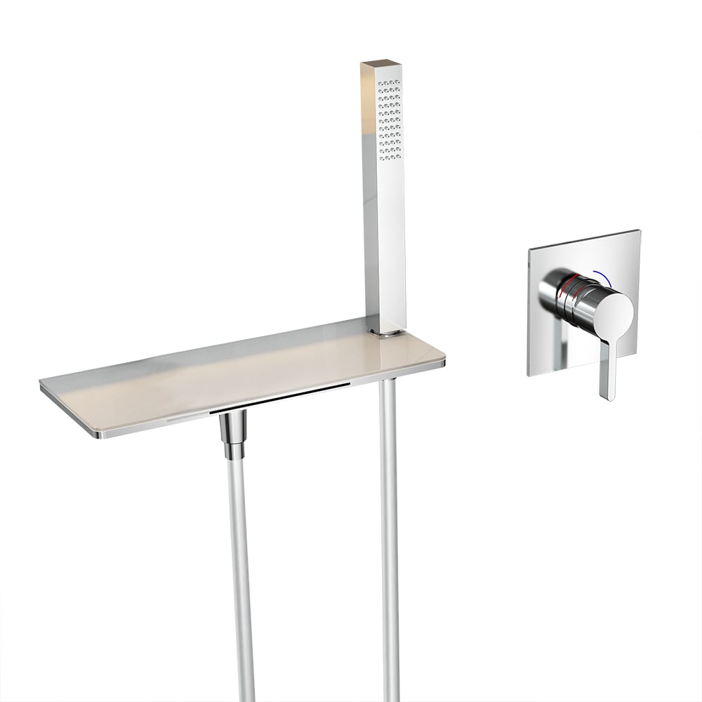 Wall Mounted Waterfall Bath Tap with Handshower Solid Brass in Chrome window image