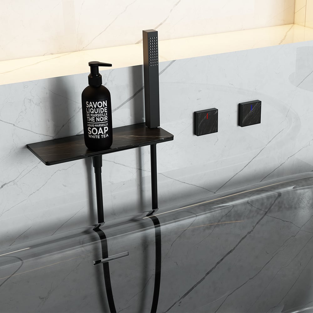 Wall Mounted Waterfall Bath Tap with Hand Shower Solid Brass in Black window image
