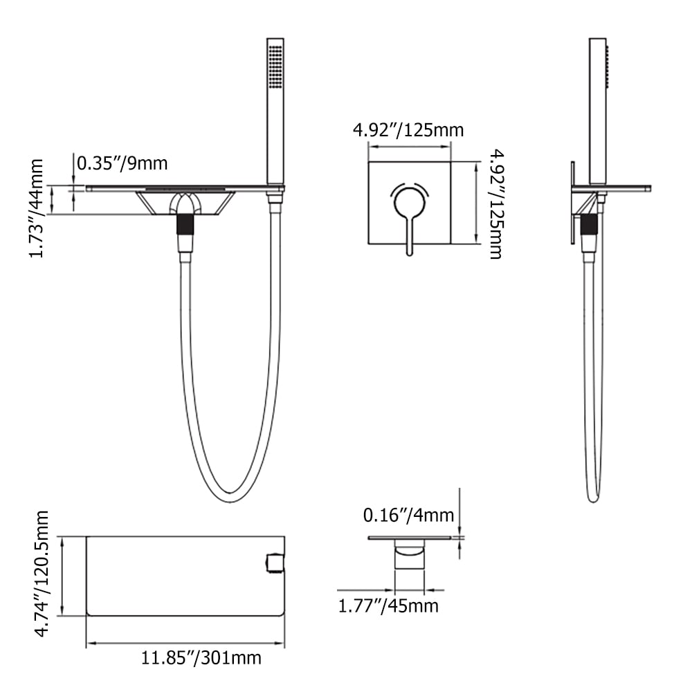 Wall Mounted Waterfall Bath Tap with Handshower Solid Brass in Chrome weights dimensions image