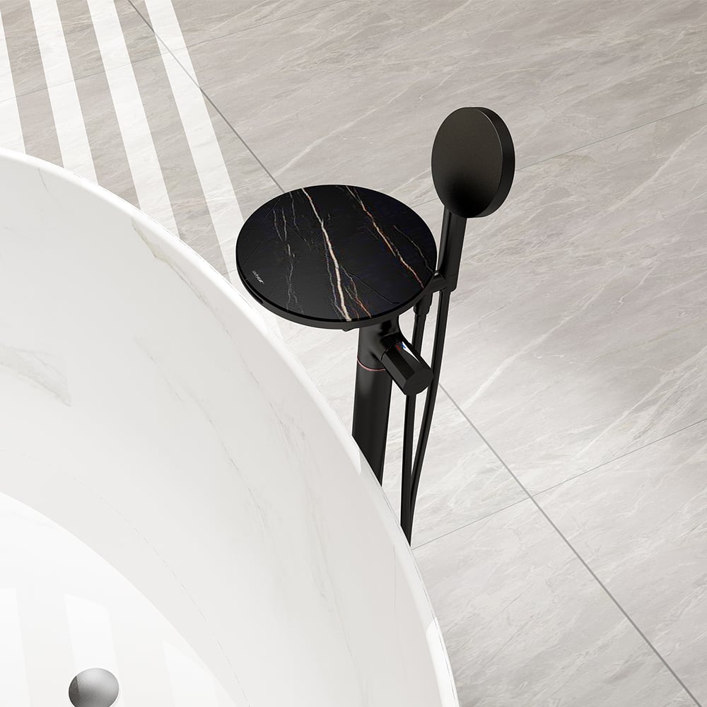 Floor Mounted Tub Faucet with Handshower & Stone Top in Black window image