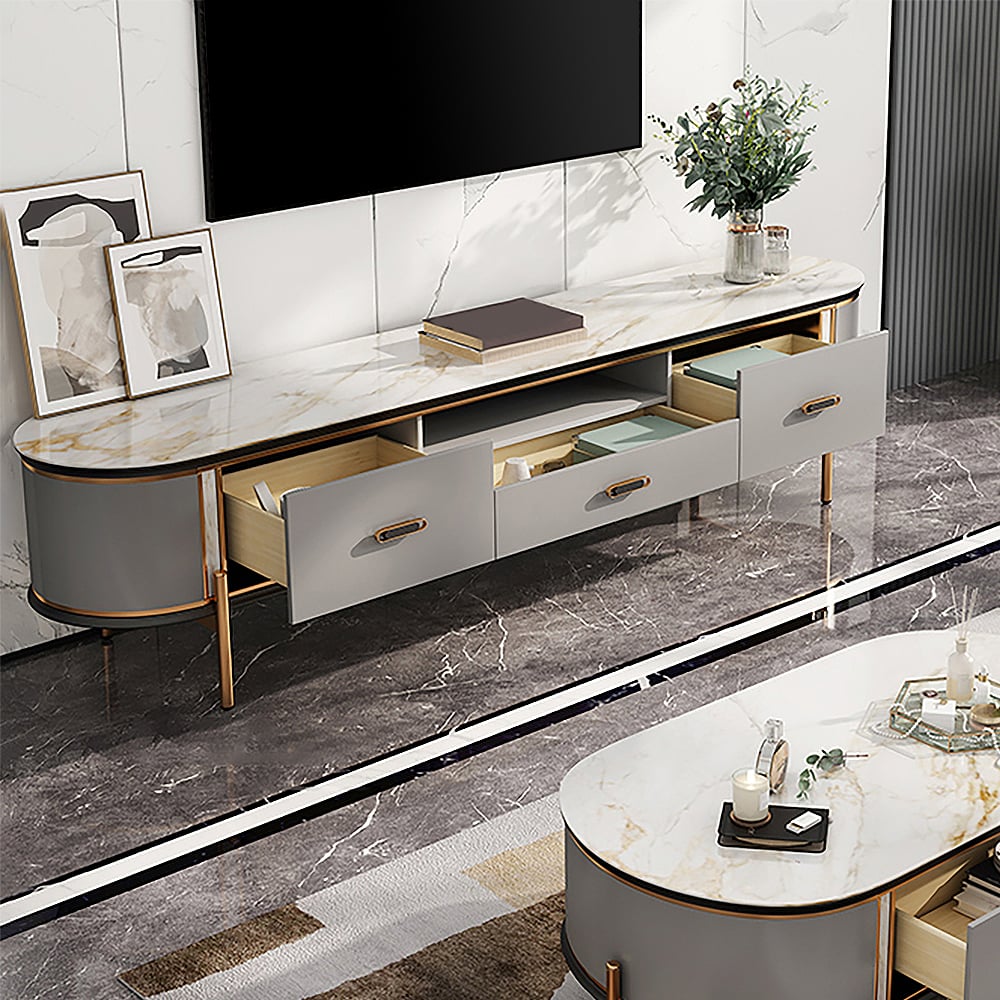 Mueble de TV gris moderno de piedra sinterizada de 79 pulgadas con cajones y patas de acero inoxidable en dorado Imagen de ventana
