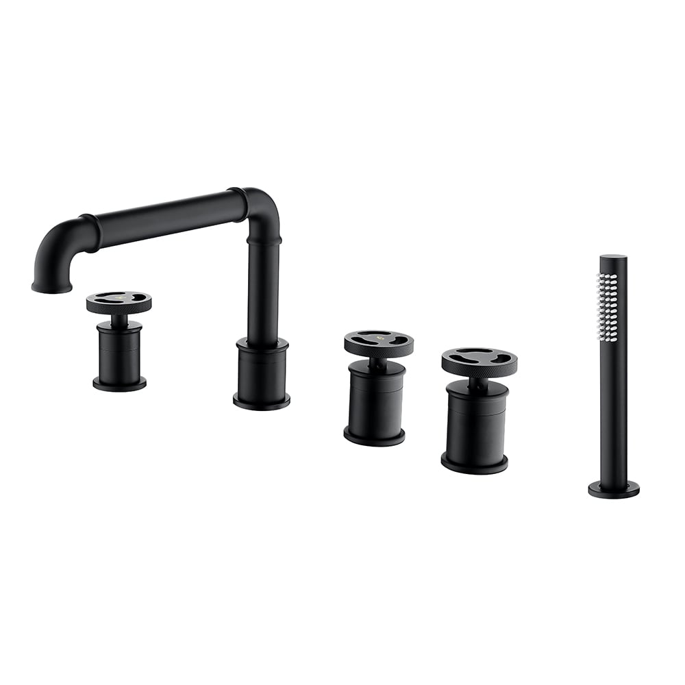 Industrial Deck Mounted Roman Bathtub Faucet with Handshower Solid Brass Matte Black window image