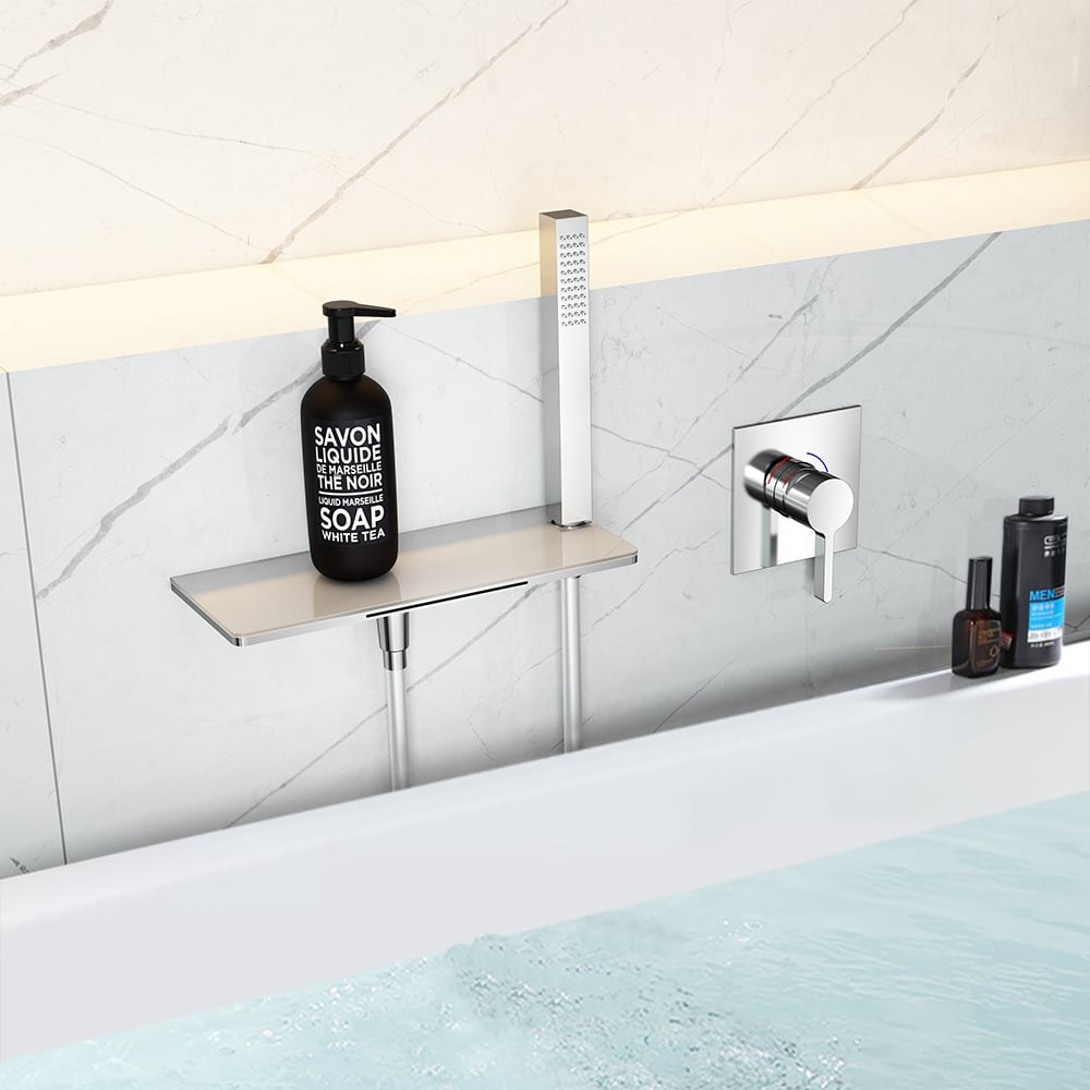 Wall Mounted Waterfall Bath Tap with Handshower Solid Brass in Chrome window image