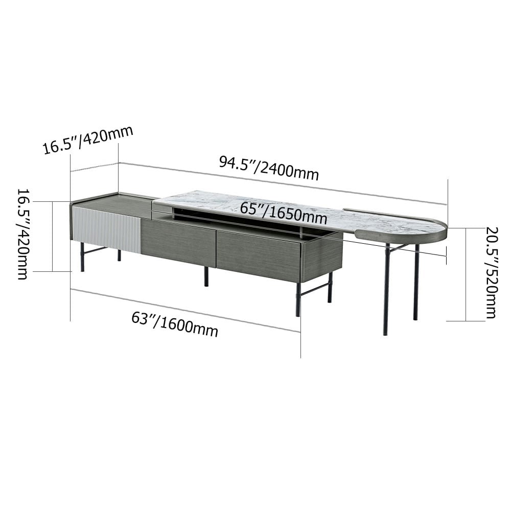 Modern Gray 3-Drawer Retracted & Extendable TV Stand Up to 95" weights dimensions image