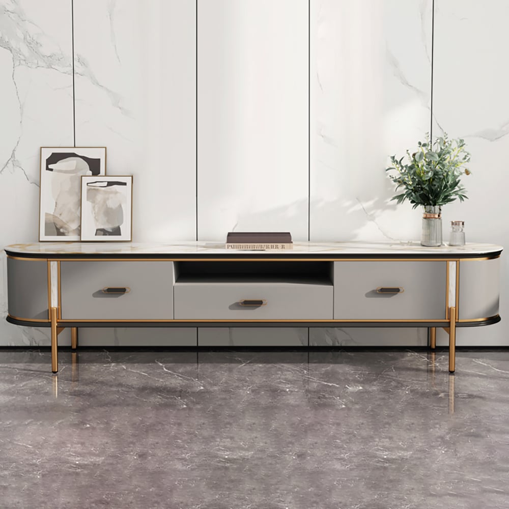Mueble de TV gris moderno de piedra sinterizada de 79 pulgadas con cajones y patas de acero inoxidable en dorado Imagen de ventana