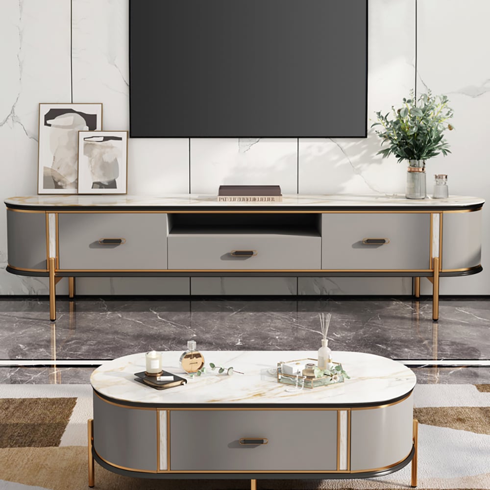 Mueble de TV gris moderno de piedra sinterizada de 79 pulgadas con cajones y patas de acero inoxidable en dorado Imagen de ventana